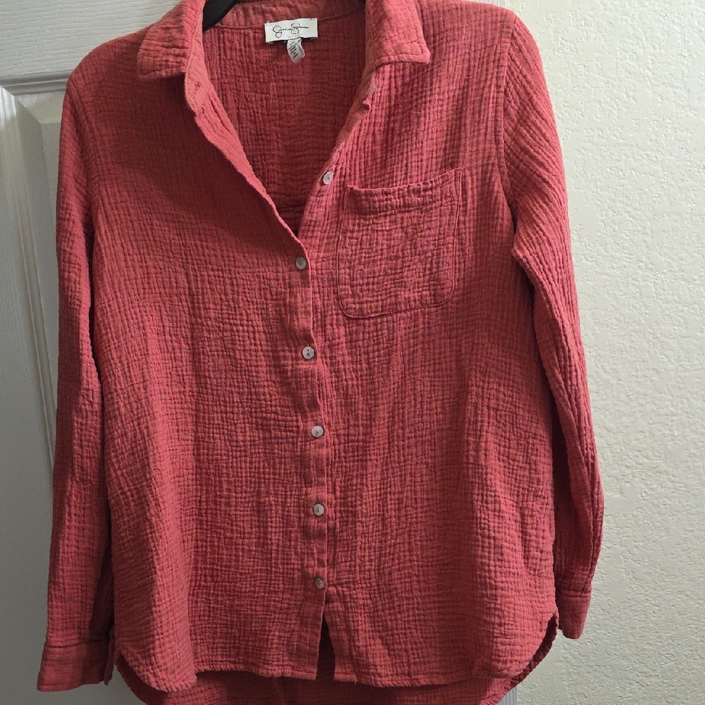 Jessica Simpson Coral Textured Oversized Button-Down Shirt Size S